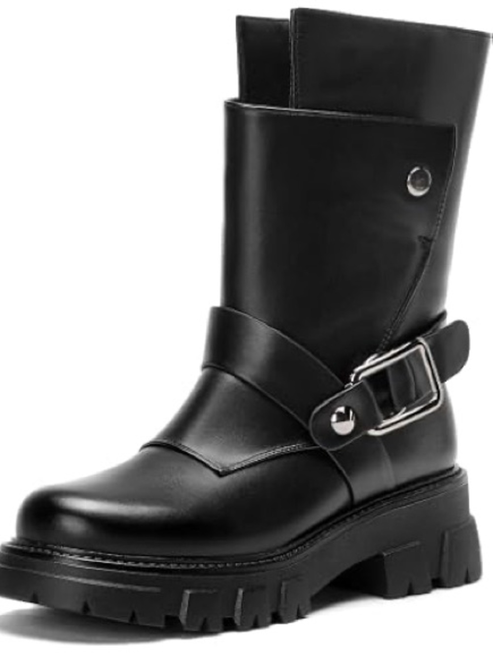 Black Leather Moto Buckle Ankle Boots - Women
